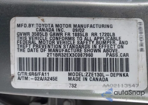 2003 Toyota Corolla Le z USA, uszkodzony, nr VIN 2T1BR32EX3C087960